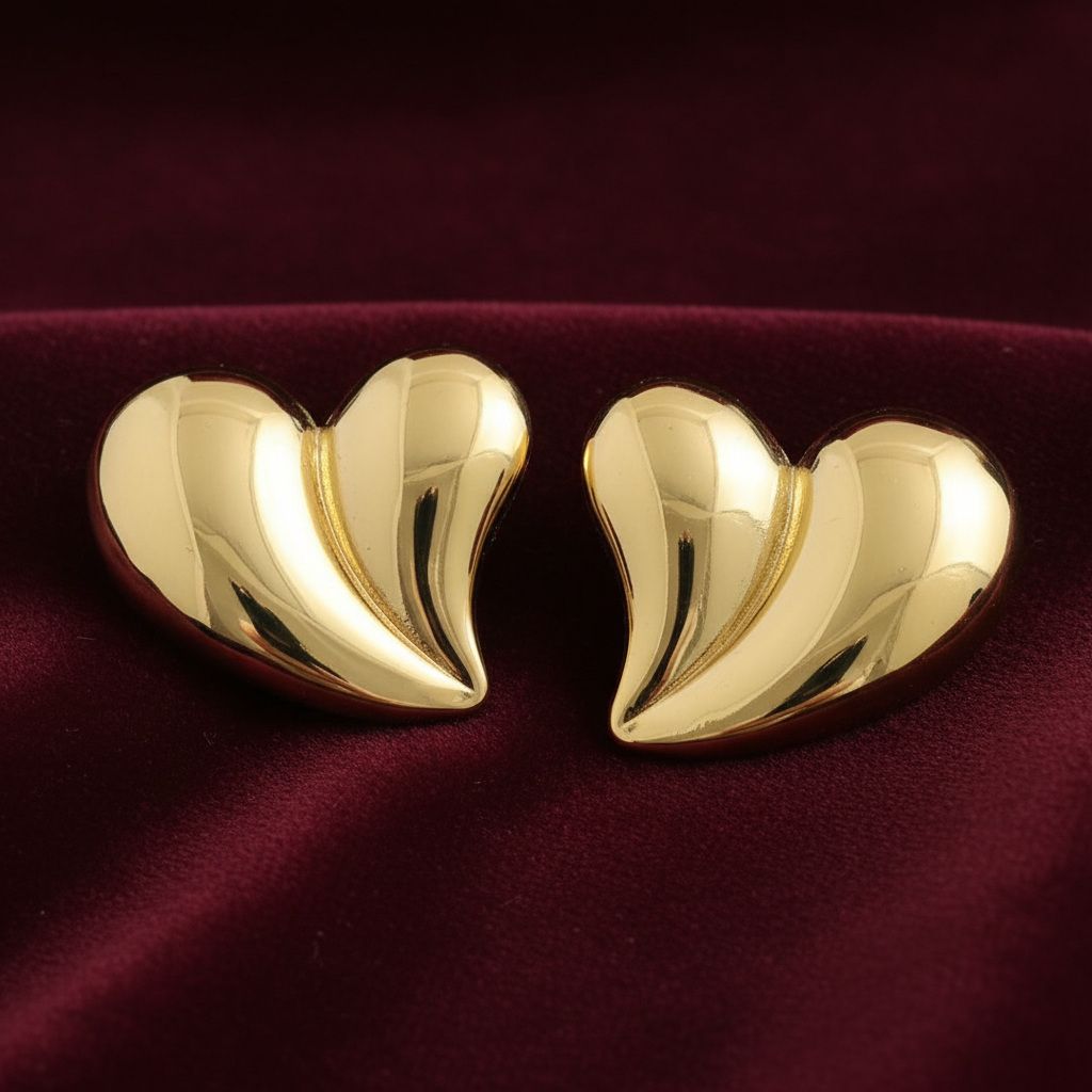 Chunky Gold Mirror Heart Studs – Burgundy Velvet