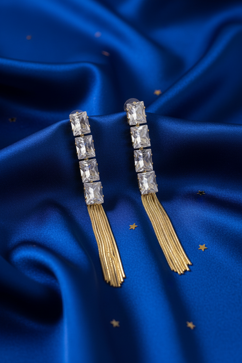 Gold Crystal Tassel Earrings – Sapphire Satin