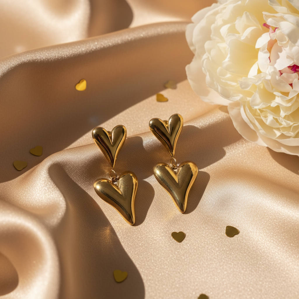 Gold Double Heart Drop Earrings – Champagne Silk
