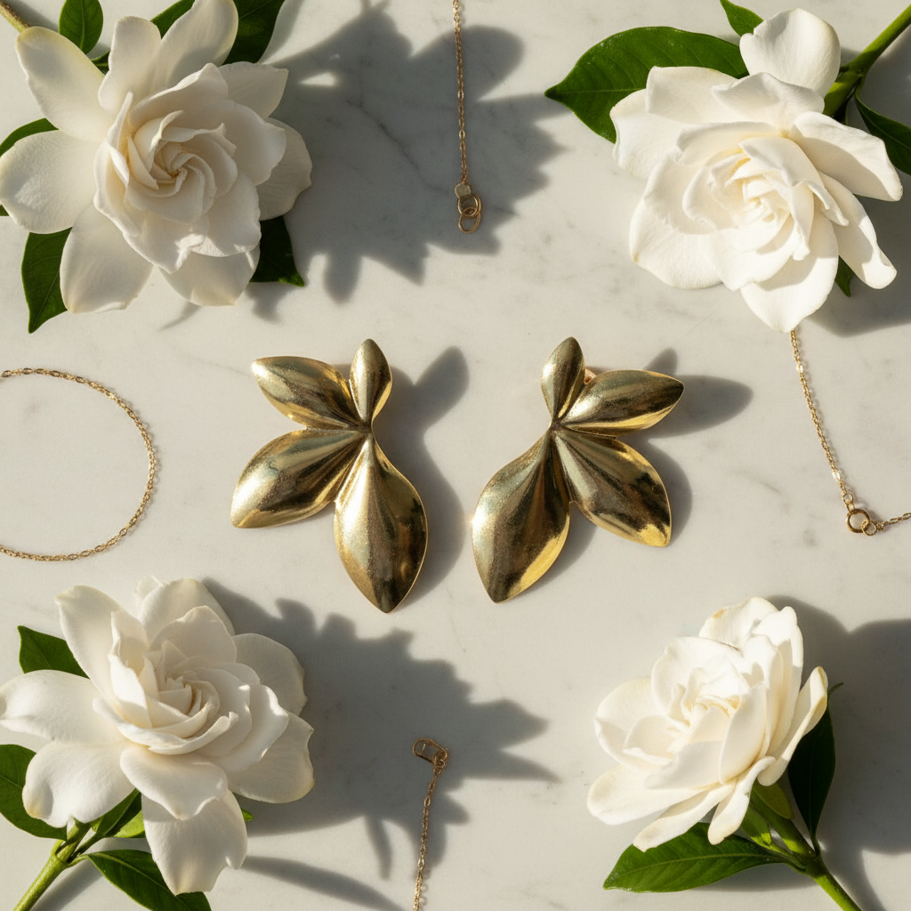 Gold Flower Earrings - Marble Flat Lay
