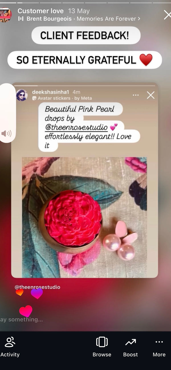 "Beautiful pink pearl drops by En Rose Studio, effortlessly elegant, love it!" - Neha M, Jaipur