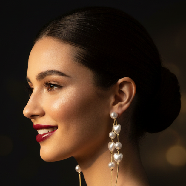 Baroque Pearl Gold Chain Drop Earrings – Glamorous Night Out Model Shot