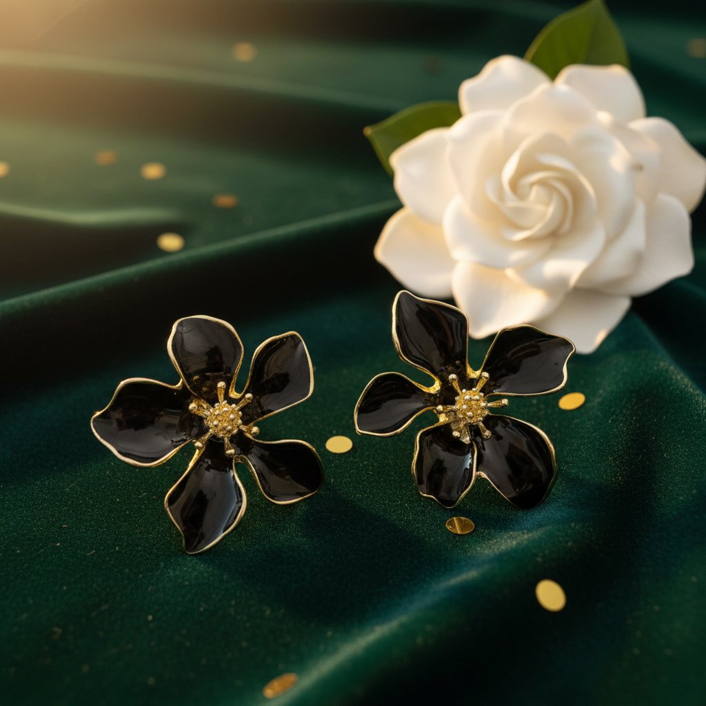 Black Enamel Flower Studs – Emerald Green Velvet