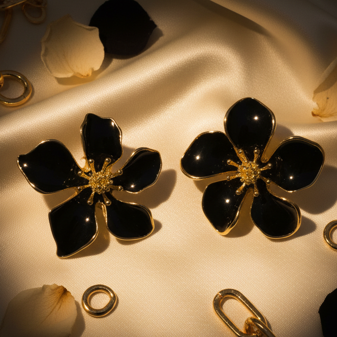 Black Enamel Flower Studs – Ivory Silk Glamour