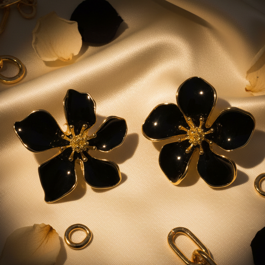 Black Enamel Flower Studs – Ivory Silk Glamour