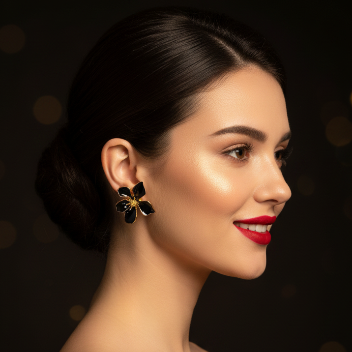 Black Enamel Flower Studs – Realistic Size Model Shot
