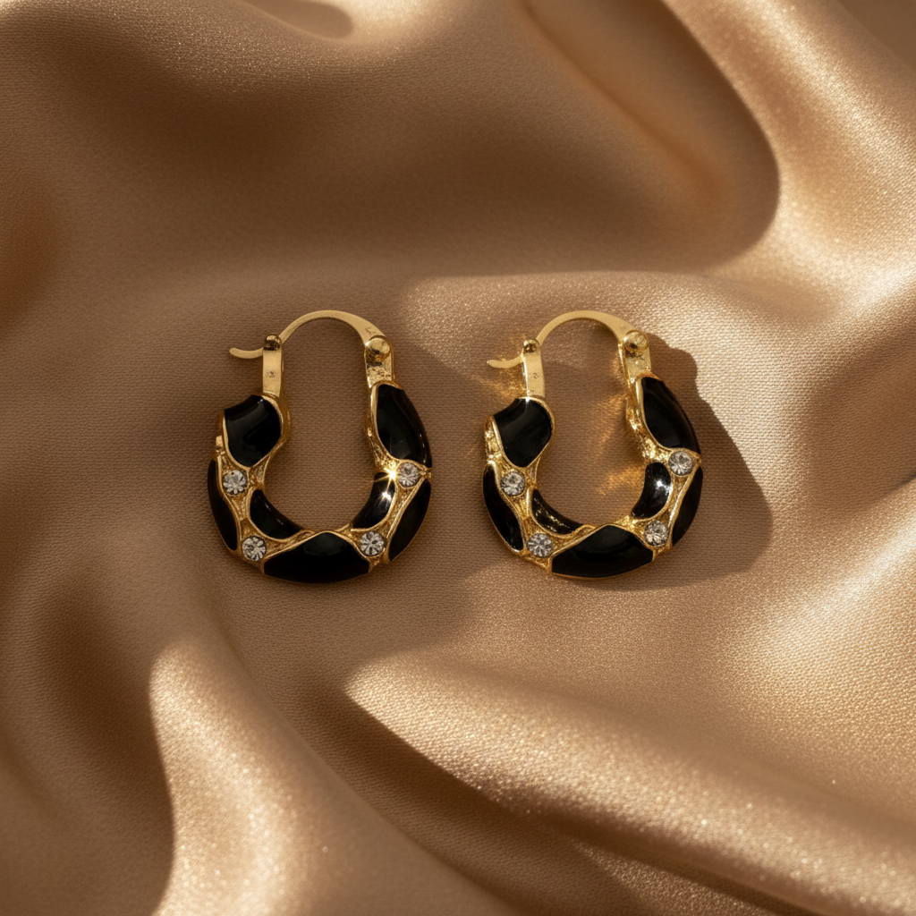 Black & Gold Crystal Hoops – Champagne Satin
