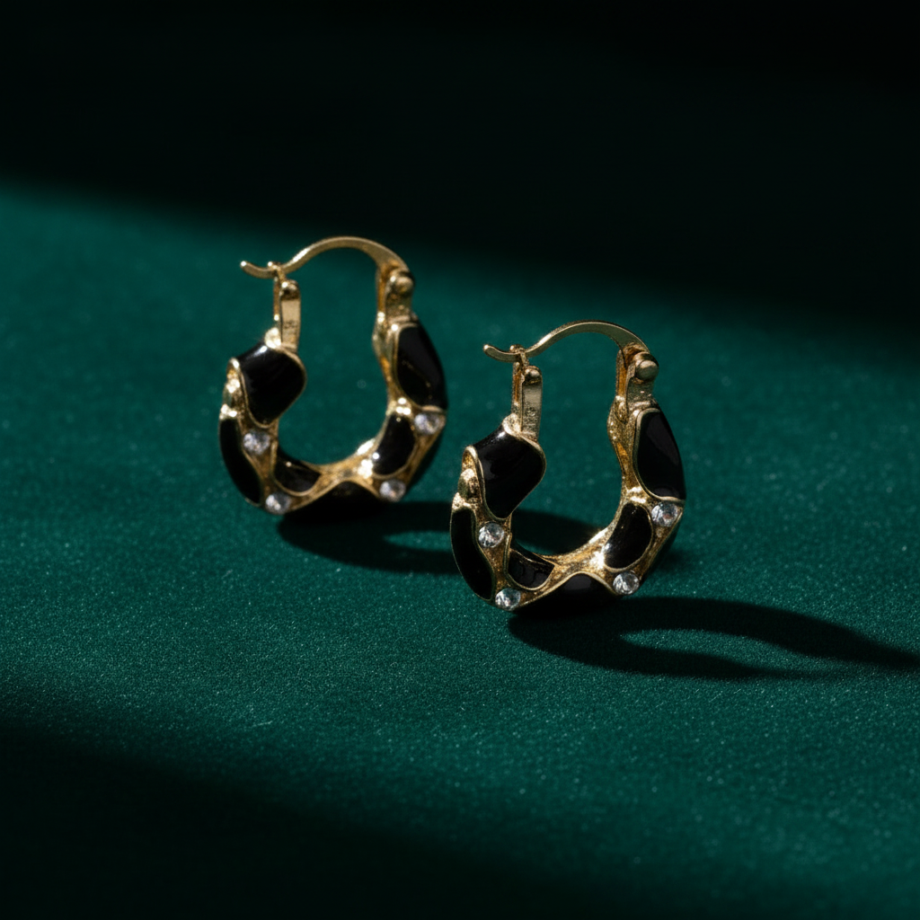 Black & Gold Crystal Hoops – Emerald Green Background