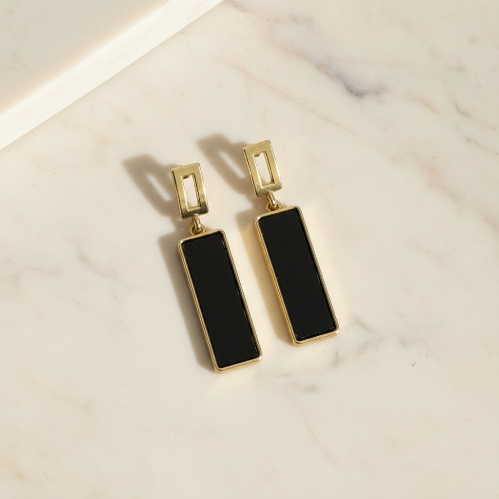 Black Onyx Gold Rectangle Drop Earrings – Ivory Marble