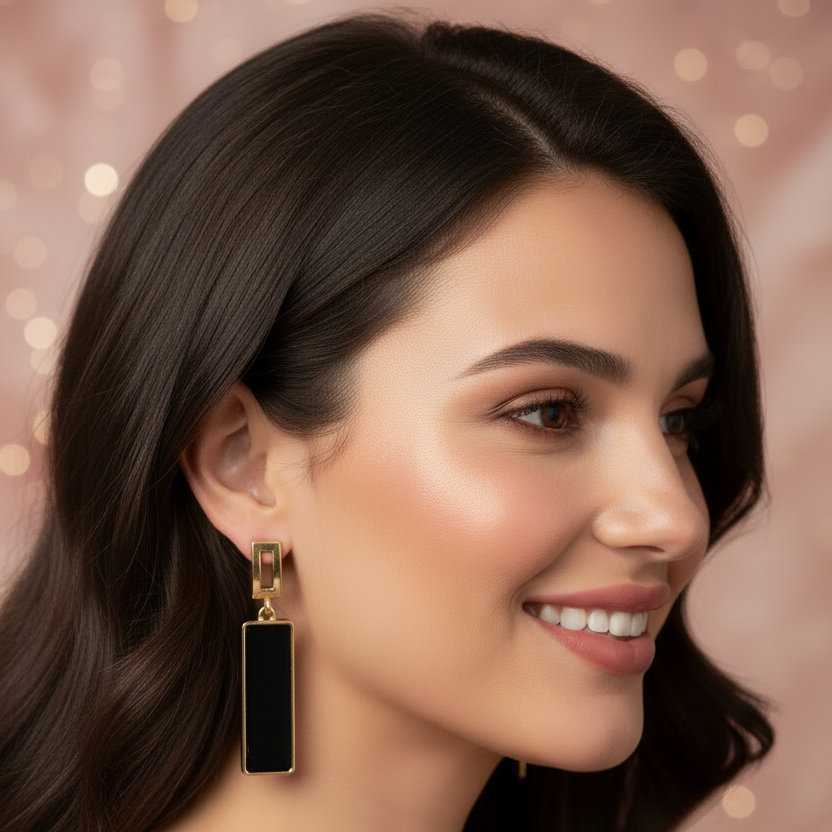 Black Onyx Gold Rectangle Drop Earrings – Natural Model Shot