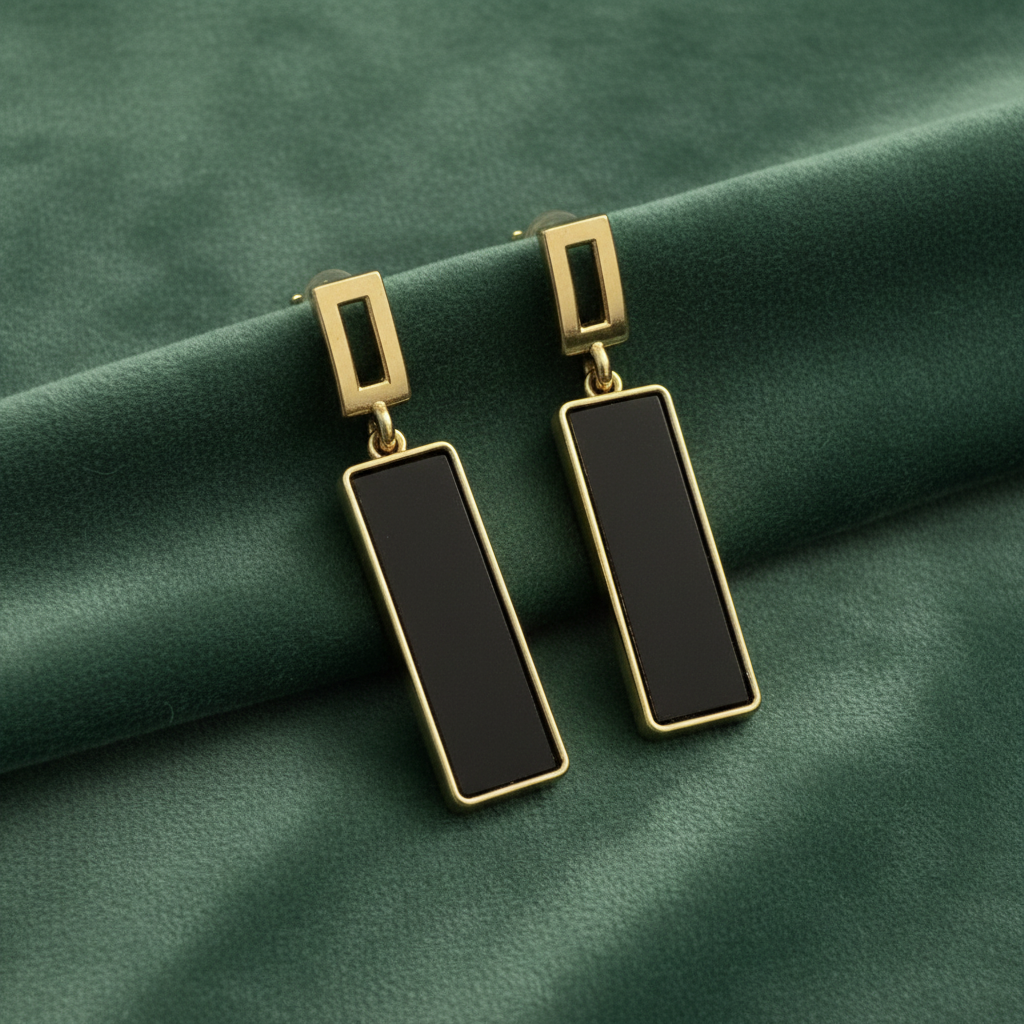 Black Onyx Gold Rectangle Drop Earrings – Sage Green Velvet