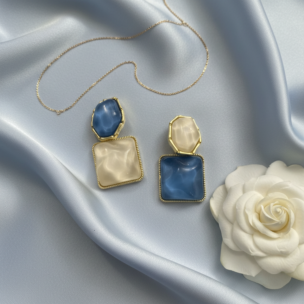 Blue Cream Earrings - Blue Satin