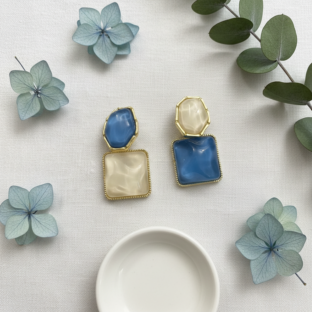 Blue Cream Earrings - White Linen