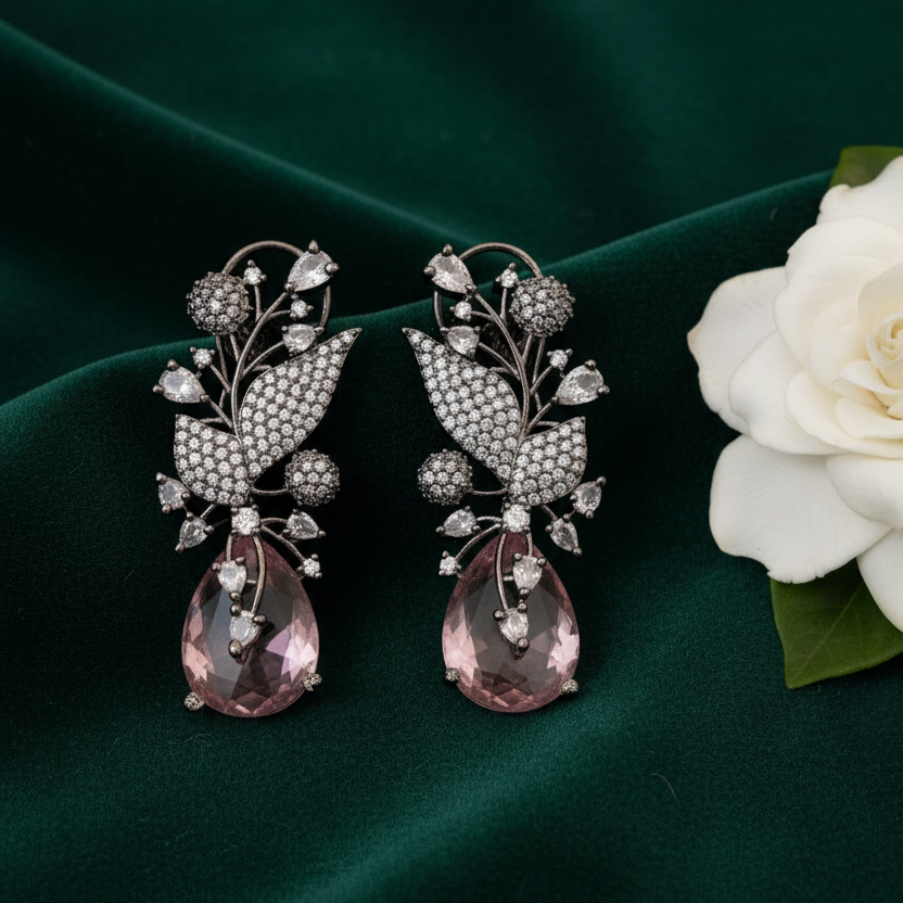 Botanical Pink Earrings - Forest Green Dark