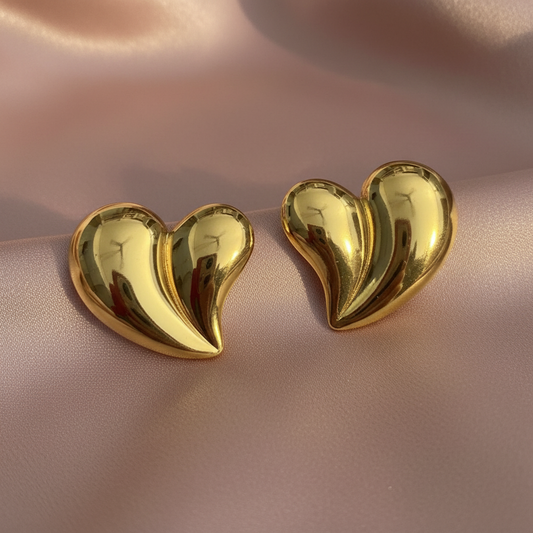 Chunky Gold Mirror Heart Studs – Blush Pink Silk