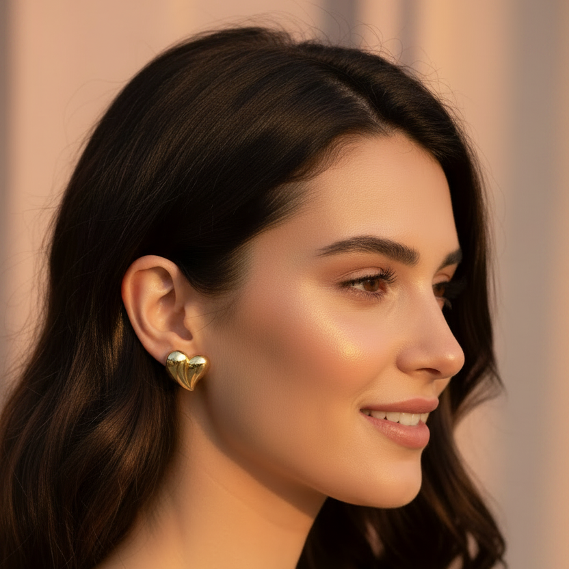 Chunky Gold Mirror Heart Studs – Model Shot Smaller