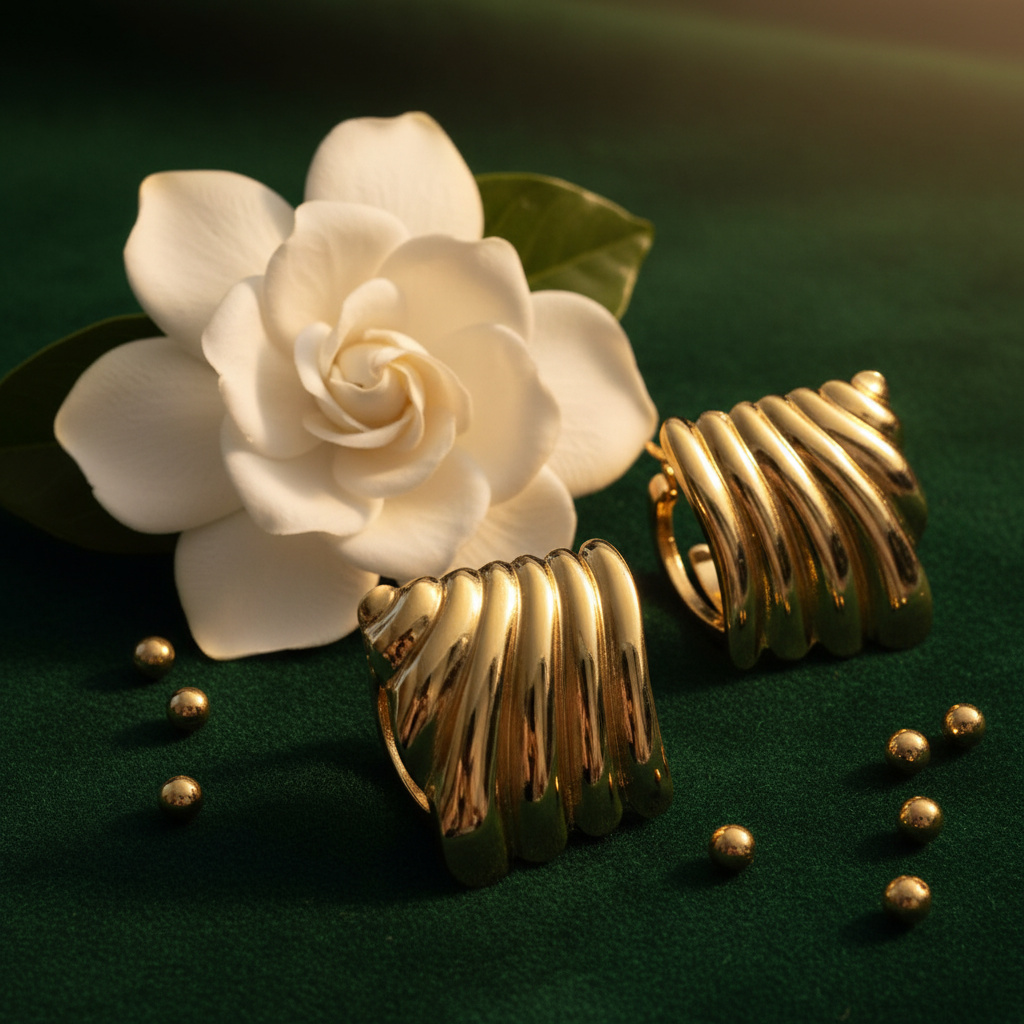 Chunky Gold Ribbed Square Hoops – Forest Green Velvet