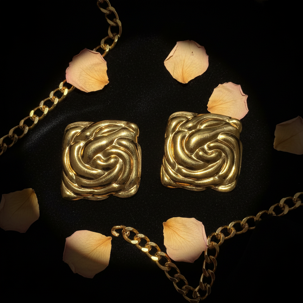 Chunky Gold Swirl Square Studs – Black Velvet Glamour