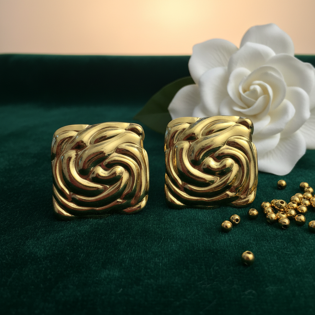 Chunky Gold Swirl Square Studs – Emerald Green Velvet