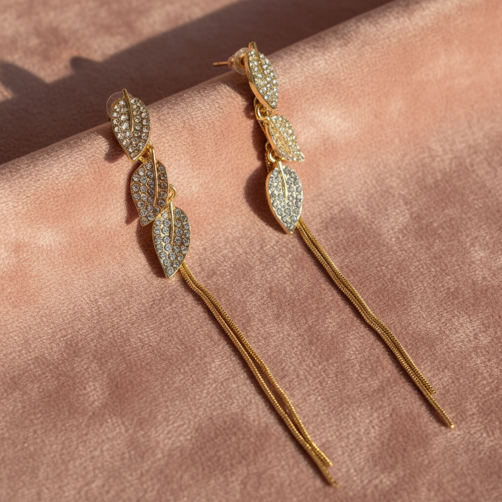 Crystal Leaf Tassel Earrings – Blush Pink Velvet