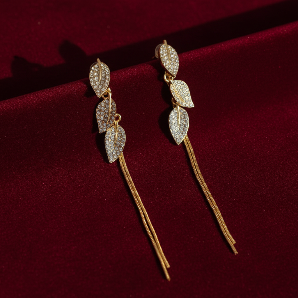 Crystal Leaf Tassel Earrings – Burgundy Velvet v2