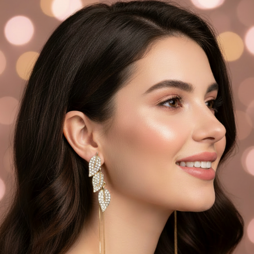 Crystal Leaf Tassel Earrings – Model Shot Shorter Tassels