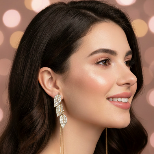Crystal Leaf Tassel Earrings – Model Shot Shorter Tassels