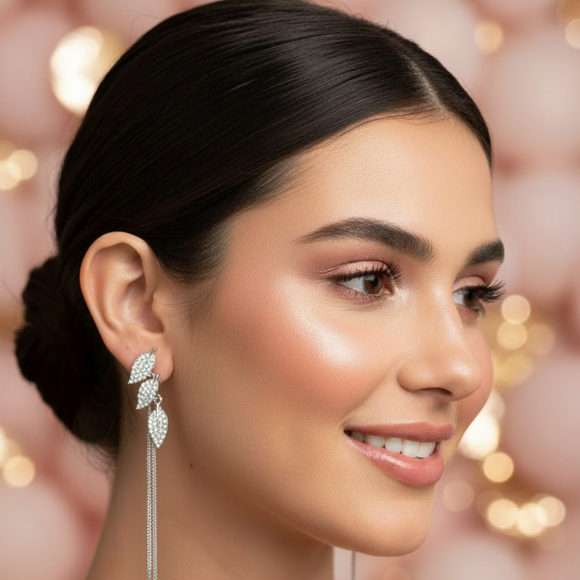 Crystal Leaf Tassel Earrings – Model Shot Two Tassels