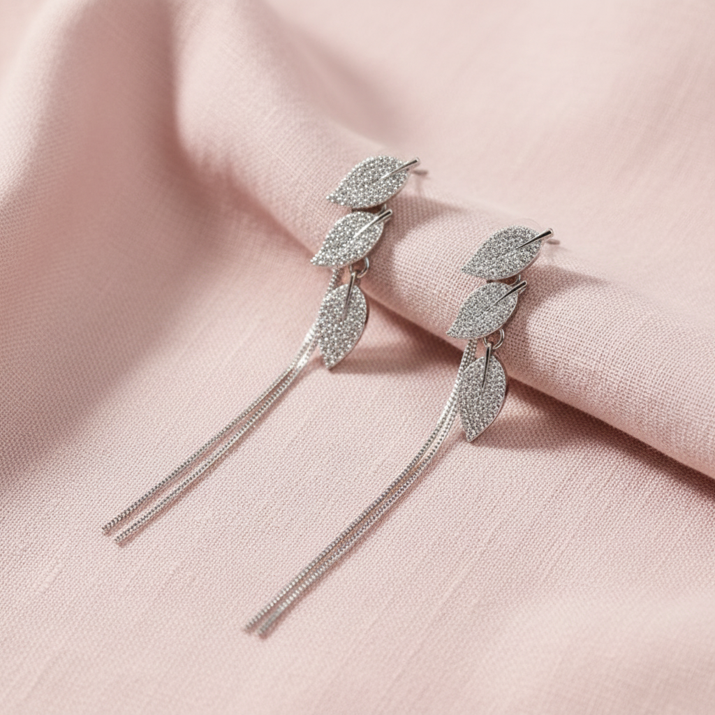 Crystal Leaf Tassel Earrings Pair - Pink Linen
