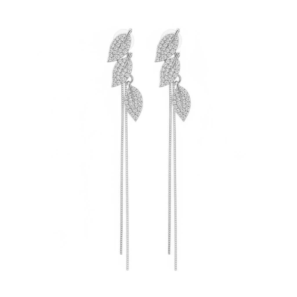 Crystal Leaf Tassel Earrings Pair - White