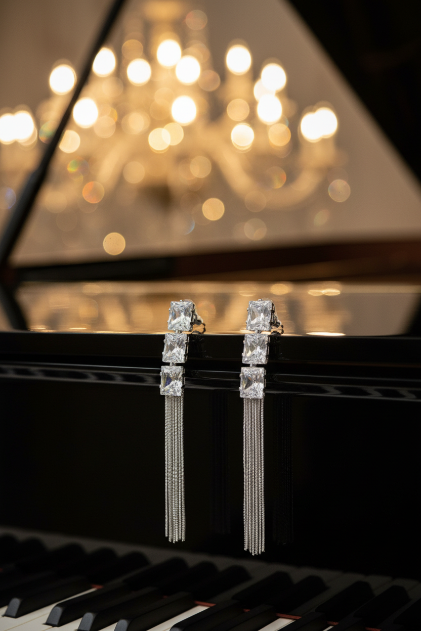Crystal Tassel Earrings – Piano & Gold Bokeh