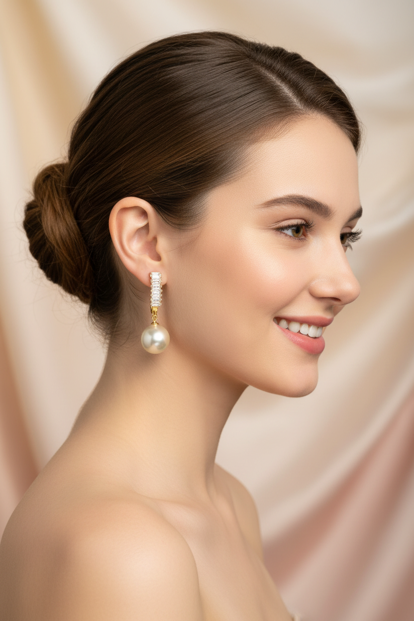 Diamond Pearl Drop Earrings - Model Shot