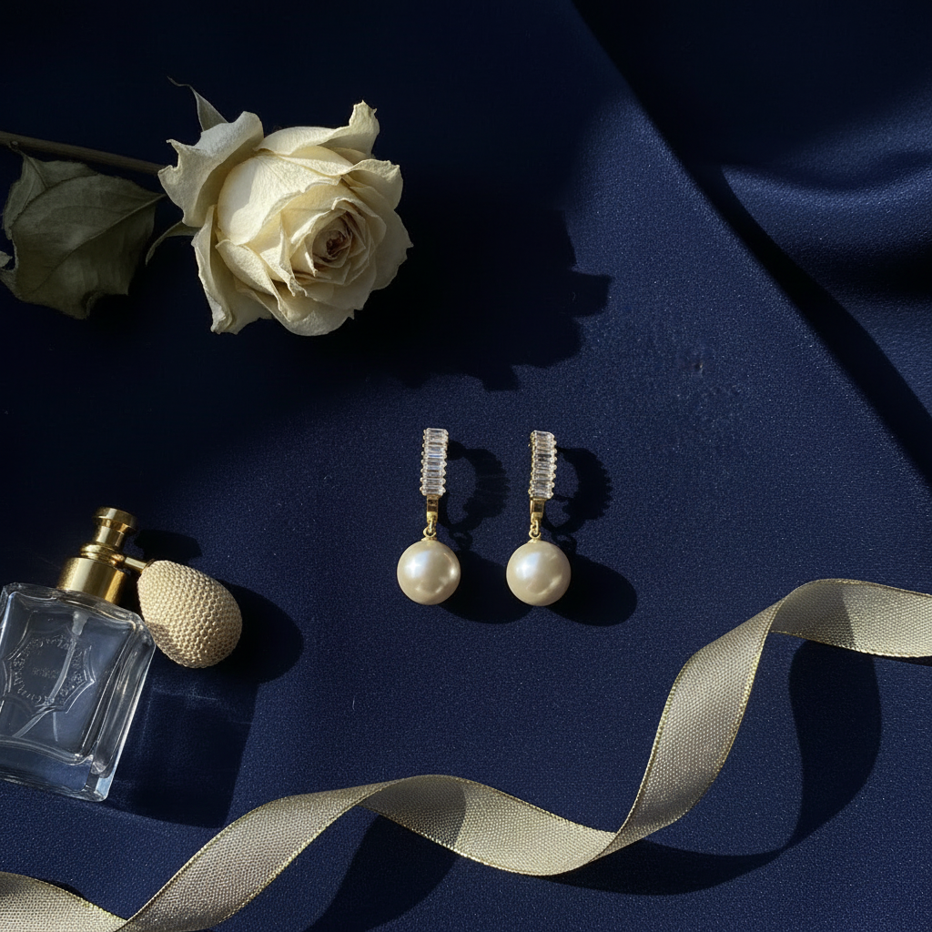 Diamond Pearl Drop Earrings - Navy Satin