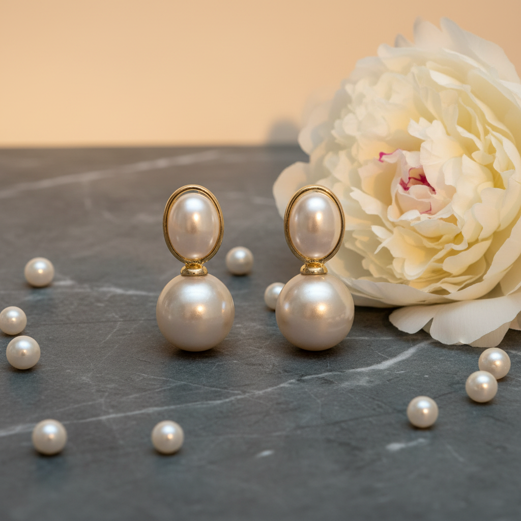 Double Pearl Drop Earrings – Dark Marble Glamour