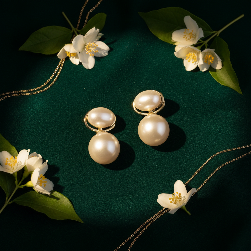 Double Pearl Drop Earrings – Emerald Green Velvet Flat Lay