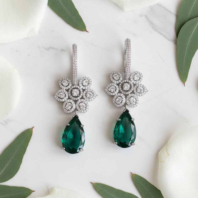 Emerald Flower Earrings - Light