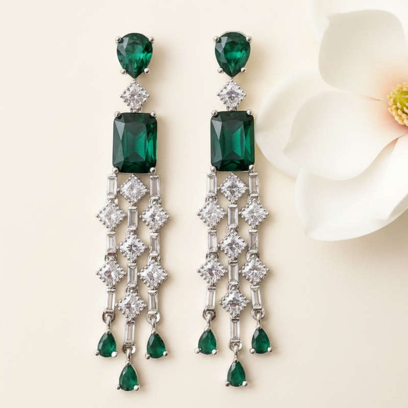 Emerald Lattice Tassel Earrings - Cream Light