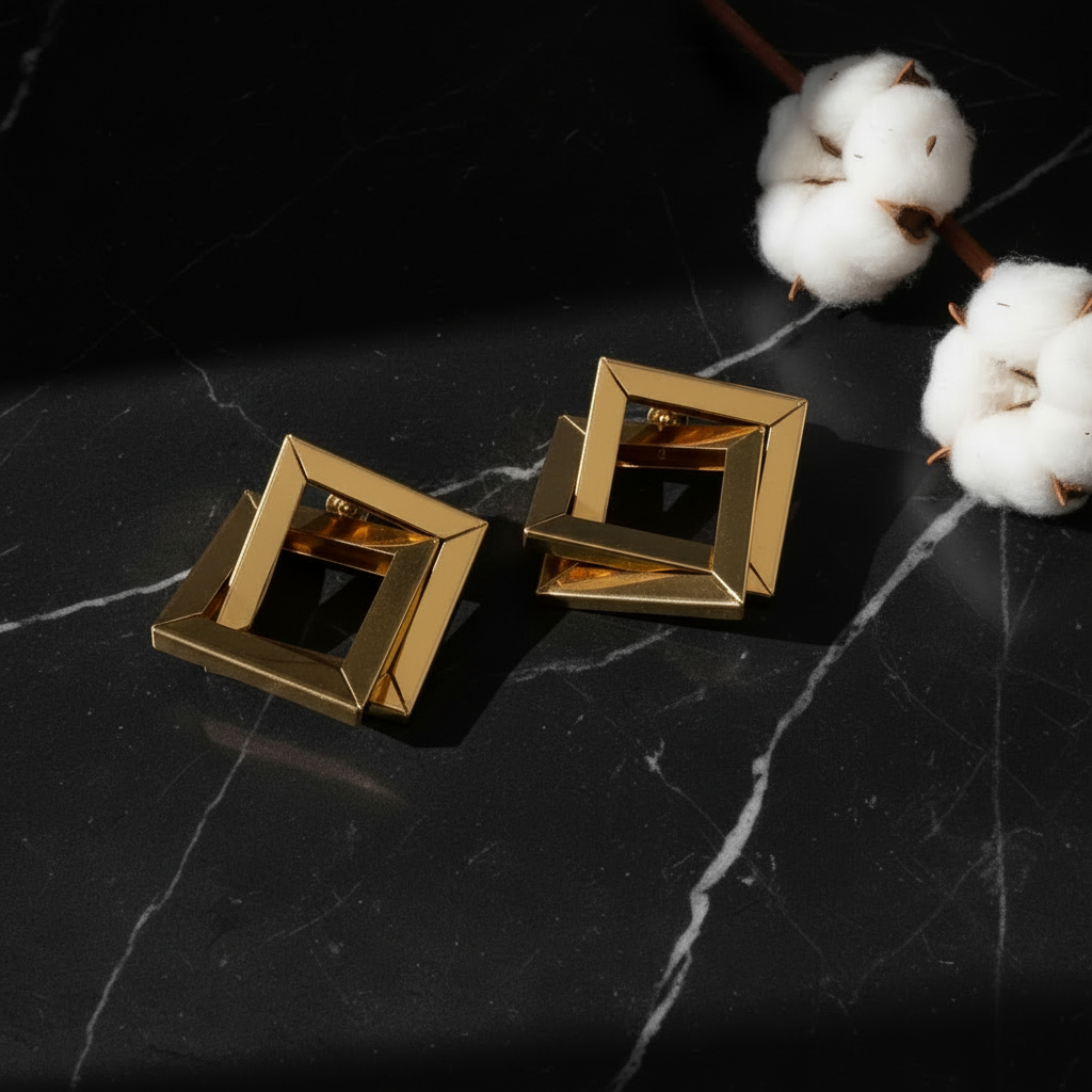 Geometric Gold Earrings - Black Marble No Stick