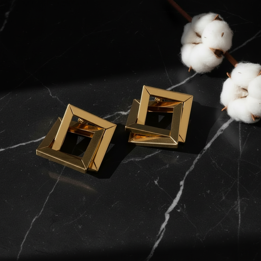 Geometric Gold Earrings - Black Marble No Stick
