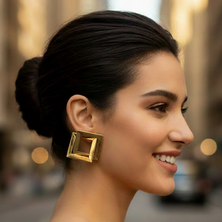 Geometric Gold Earrings - Model Modest Top