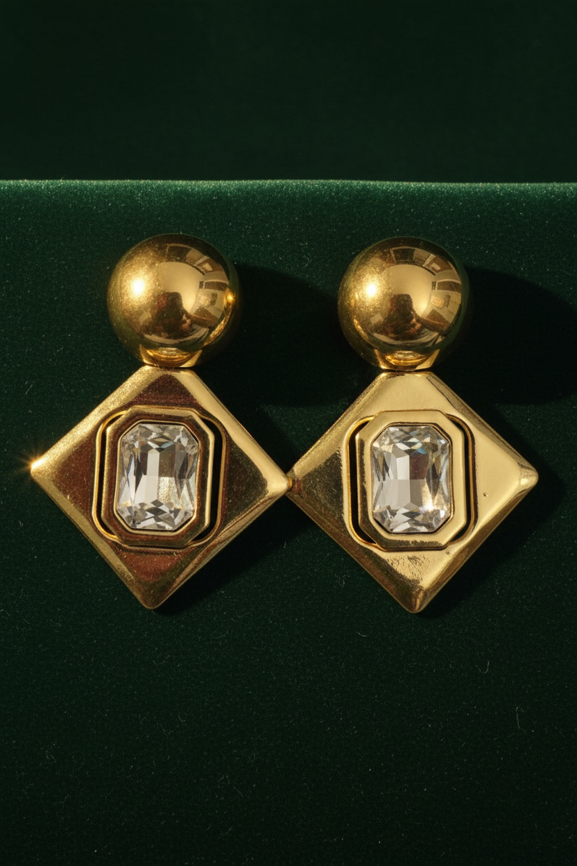 Gold Ball Diamond Drop Earrings – Forest Green
