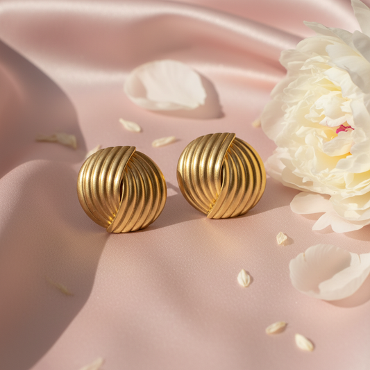 Gold Circular Ribbed Fan Studs – Blush Pink Silk Product Shot