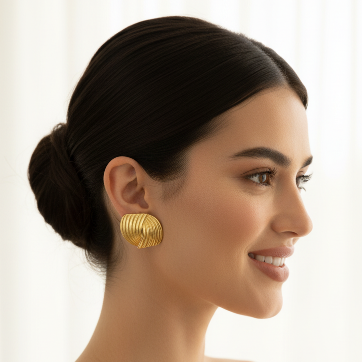 Gold Circular Ribbed Swirl Studs – Daytime Model Shot