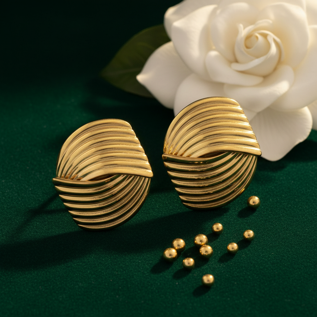 Gold Circular Ribbed Swirl Studs – Emerald Green Velvet