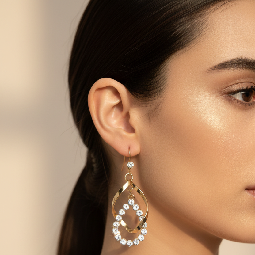 Gold Crystal Drop Earrings – Model Shot