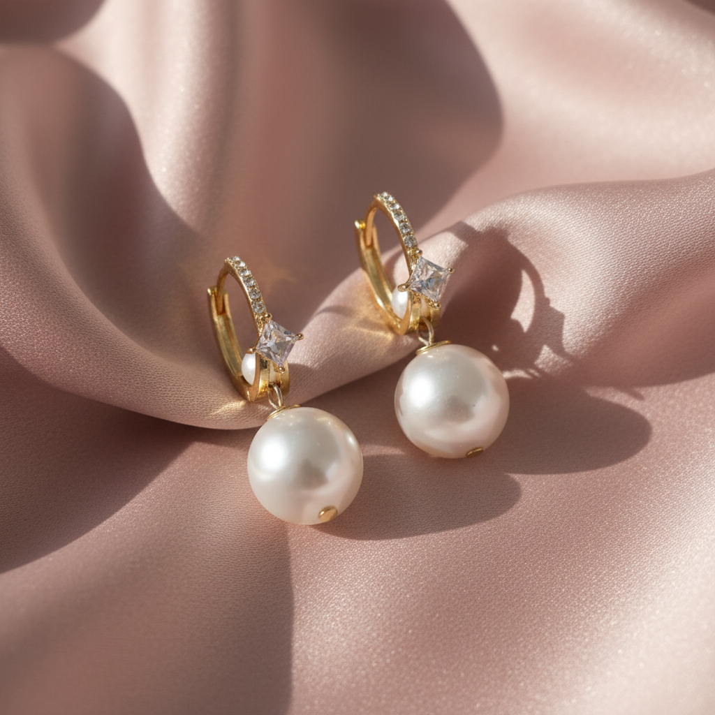 Gold Crystal Huggie Pearl Drop Earrings – Blush Pink Silk