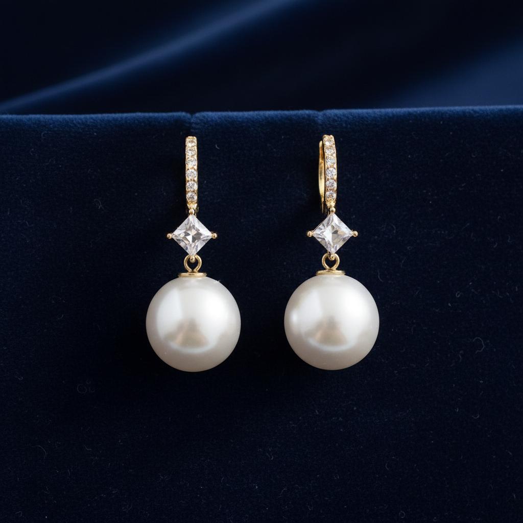 Gold Crystal Huggie Pearl Drop Earrings – Navy Velvet