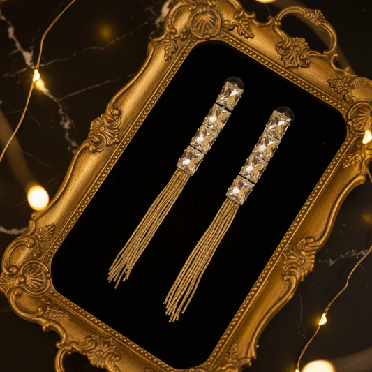 Gold Crystal Tassel Earrings – Gold Tray Black Velvet Top Angle