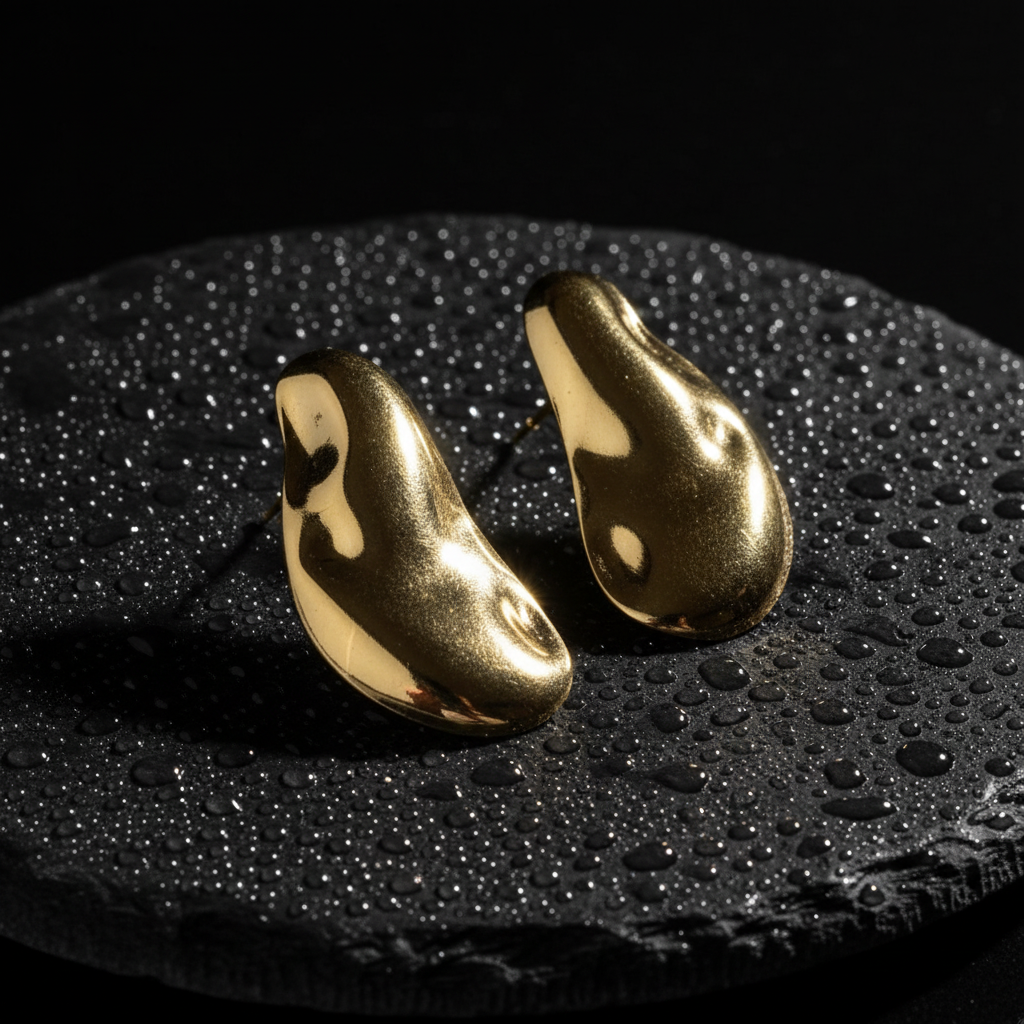 Gold dome earrings on wet black stone