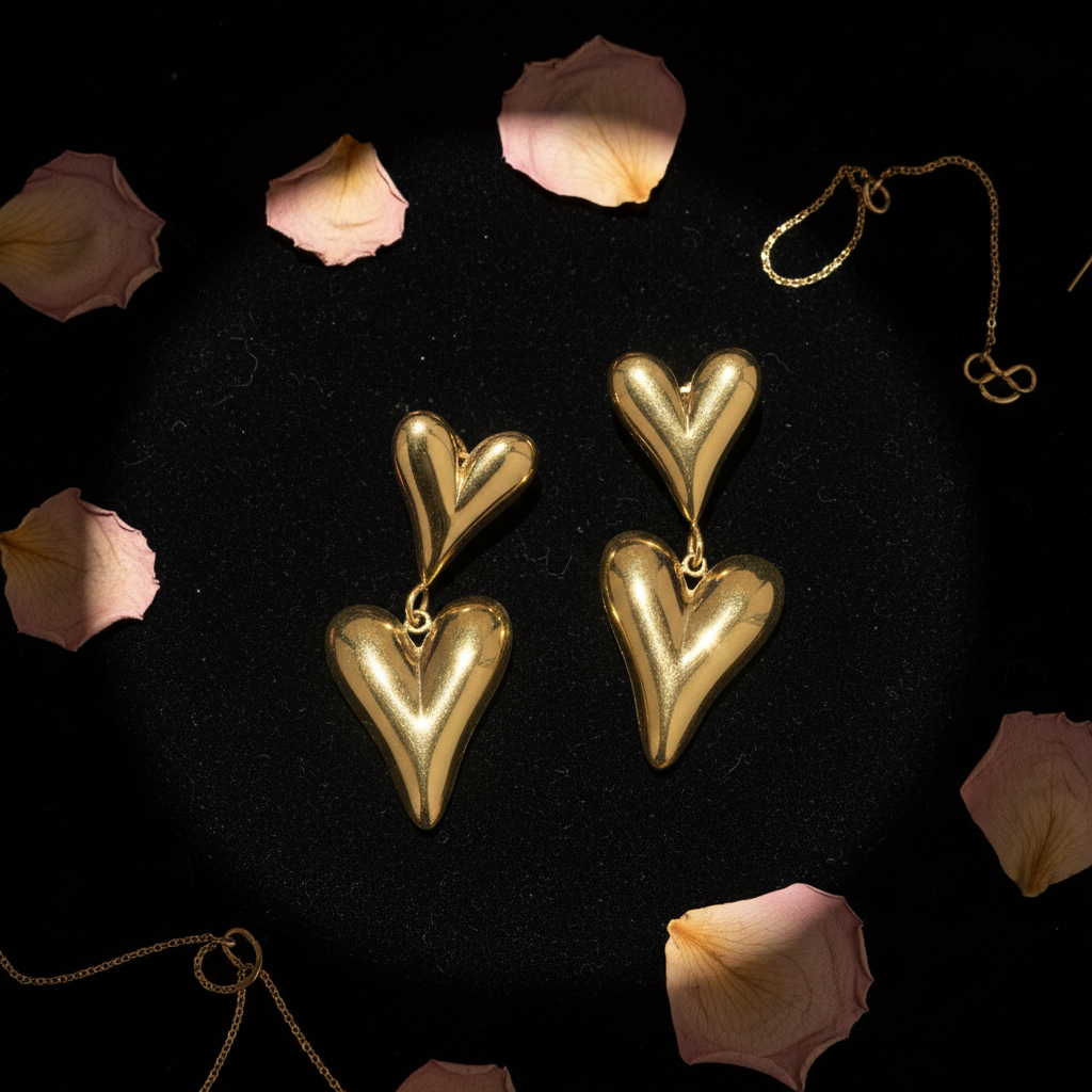 Gold Double Heart Drop Earrings – Black Velvet